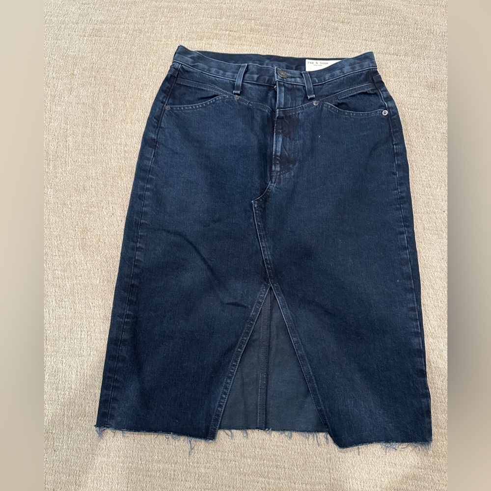 RAG & BONE Vintage High-Rise Midi Denim Skirt Raw Hem Size 26